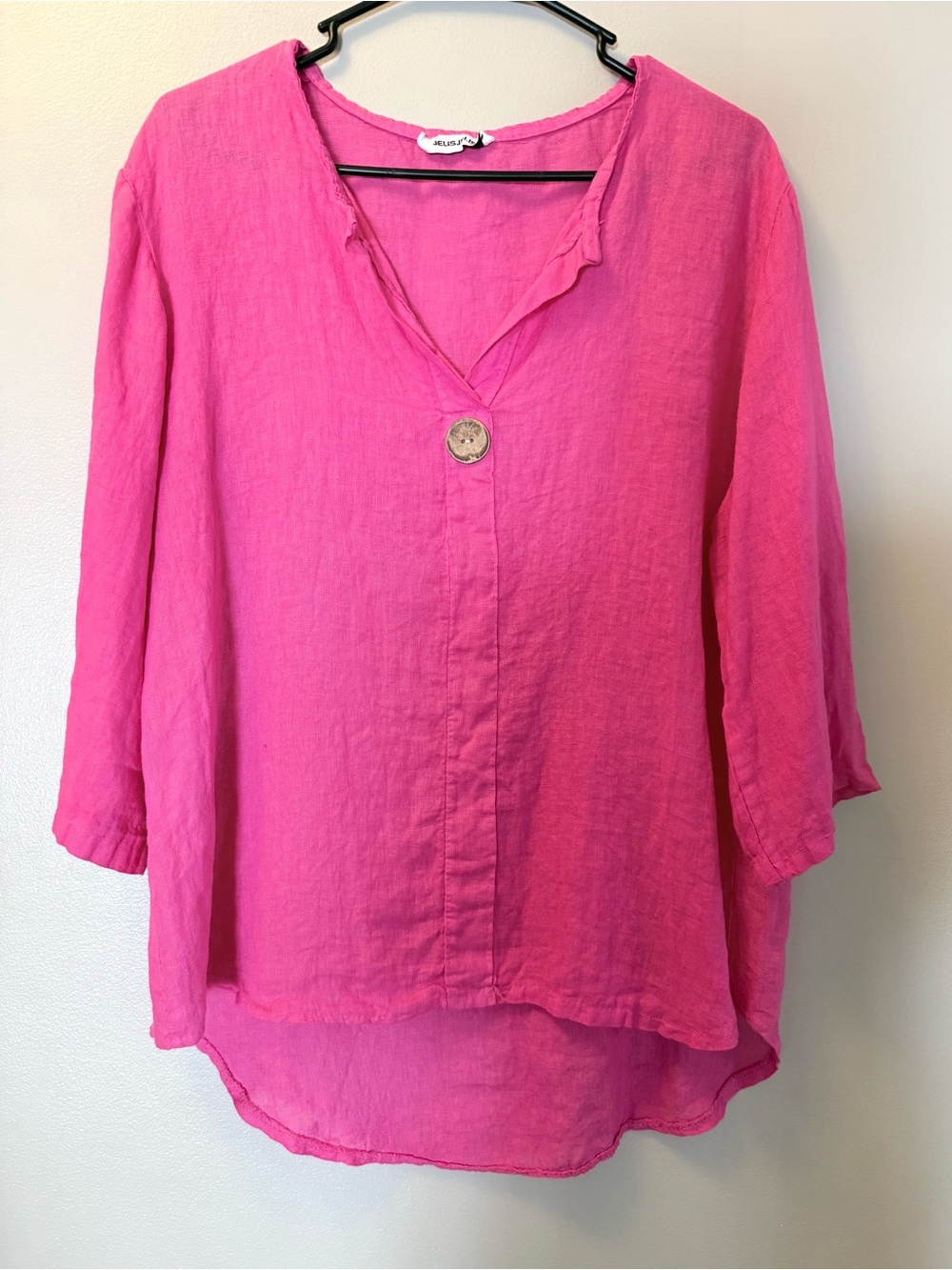 Women's Relaxed V-Neck Linen Tunic Blouse in Bright Pink